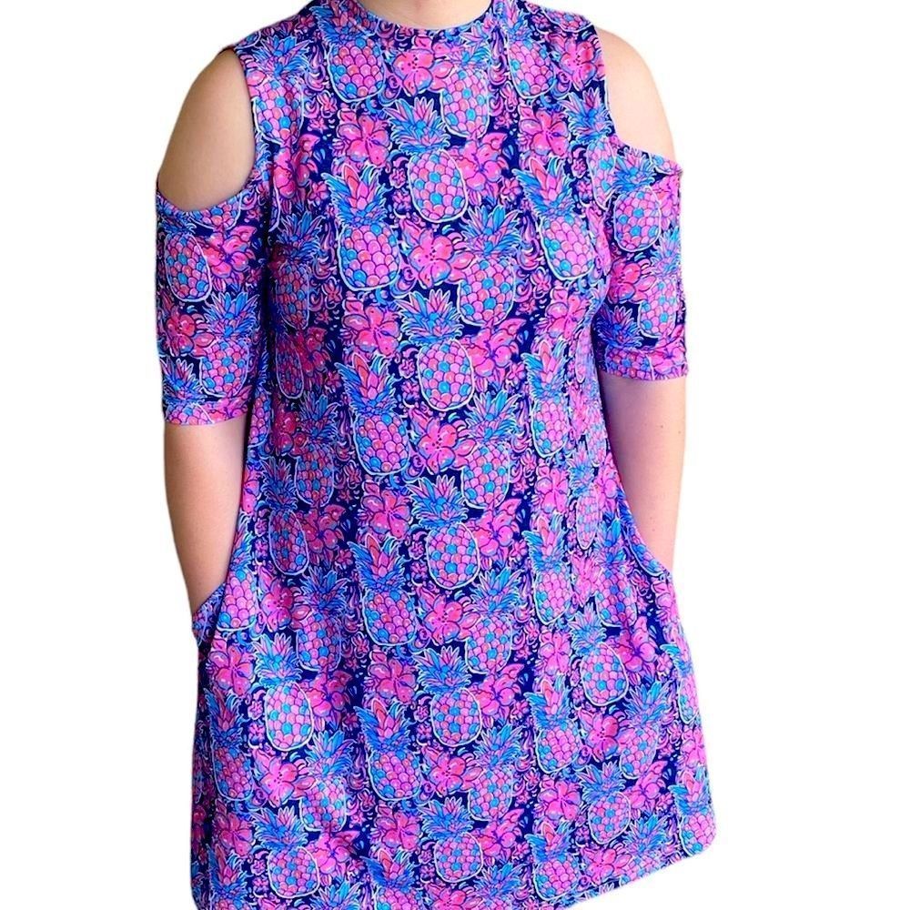 Simply Southern Pink Blue Purple Tropical Print Cold Shoulder Dress Size M